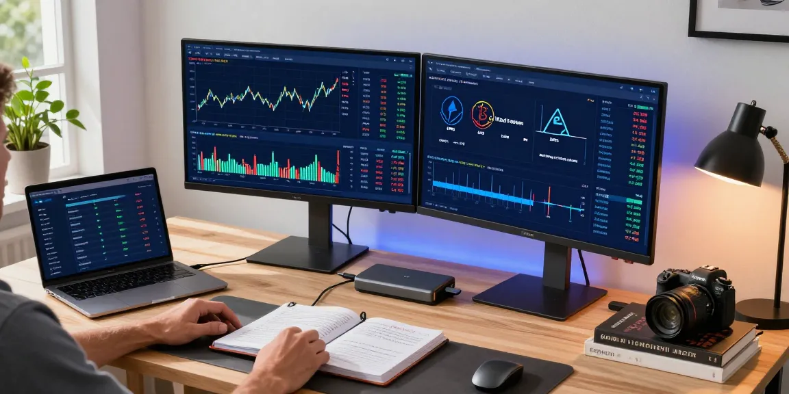 Cricbet99 cryptocurrency trading workspace showcasing Bitcoin charts, DeFi dashboards, and a hardware wallet in a modern home office.