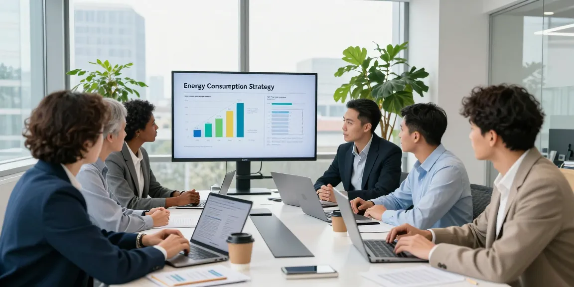 Team discussing climate change levy exemption strategies in a modern office setting, showcasing collaboration and energy efficiency.