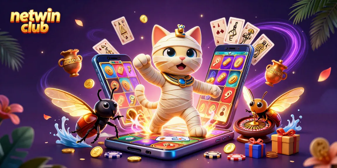 Engage with netwin club in an exhilarating casino adventure featuring a mummy cat and a scarab beetle.