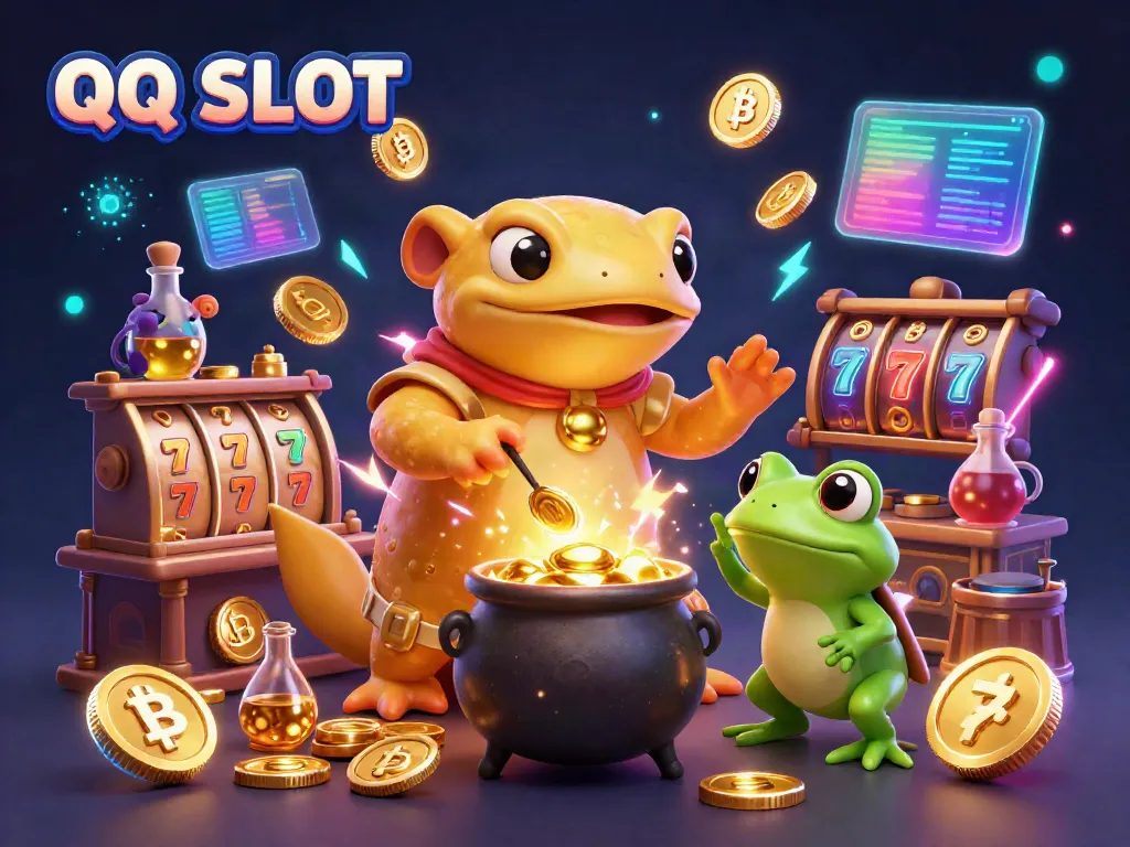 Engage with QQ SLOT adventures featuring 3D cartoon casino characters in a vibrant alchemical setting.