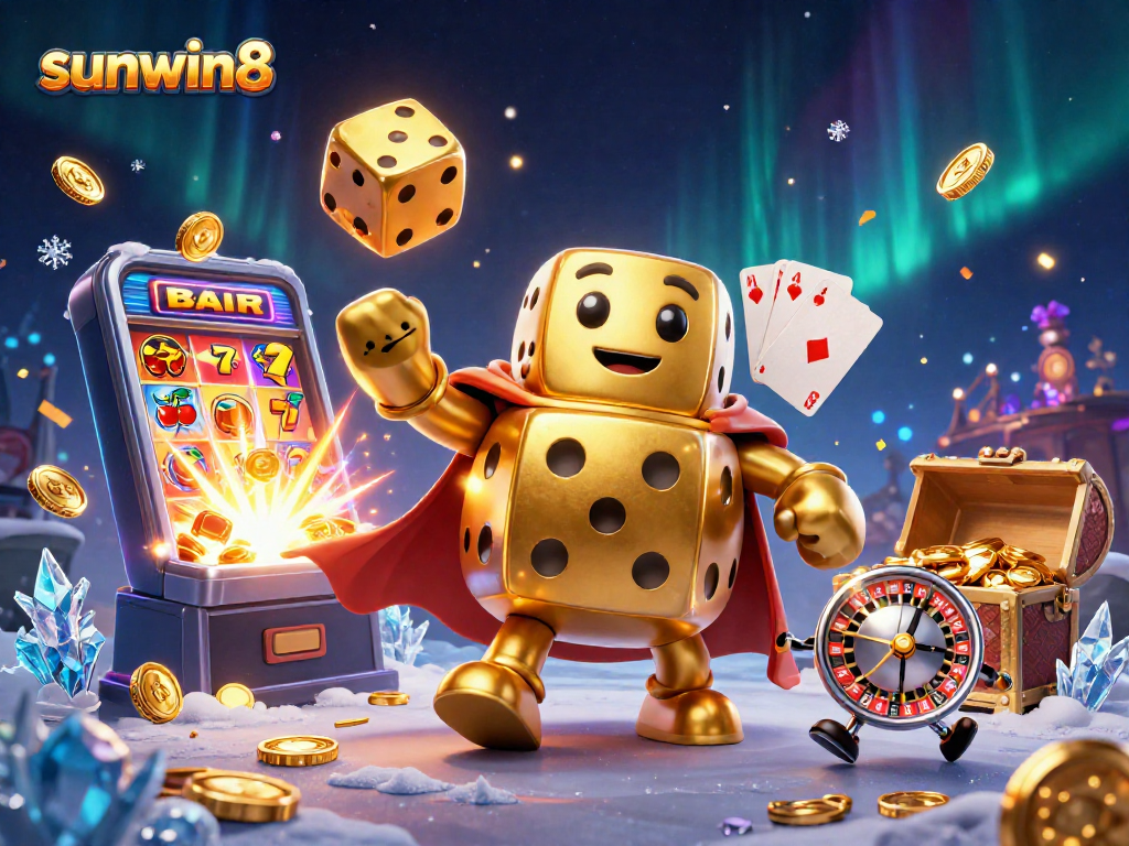 Experience big wins at sunwin8 with vibrant gaming characters surrounded by jackpots and coins.