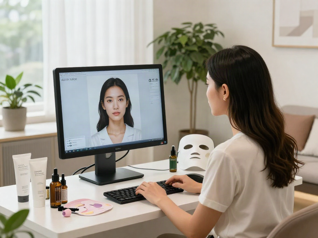 Woman evaluating facial analysis results as an alternative to QOVES in a modern beauty studio.