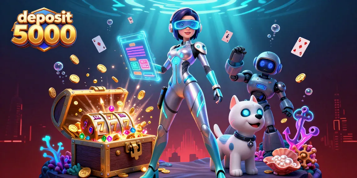 Engage with the action of deposit 5000 as a stunning woman and a robot dog navigate a glowing slot machine universe.