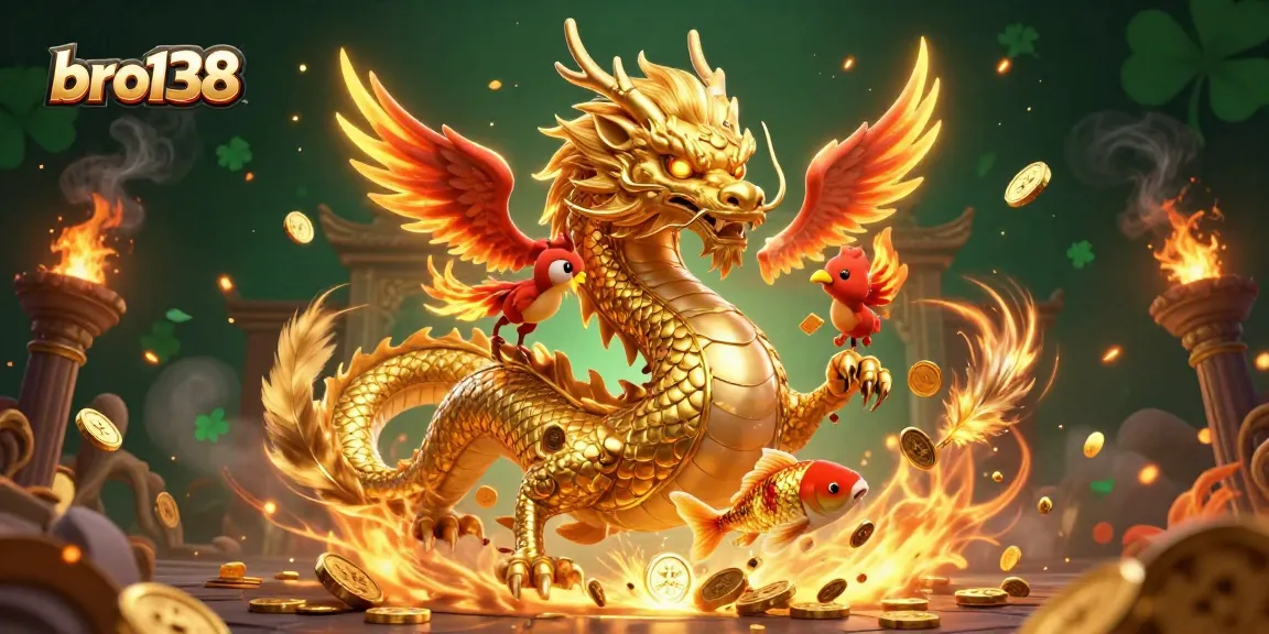 Spin the reels with bro138, showcasing a fierce dragon, phoenix, and koi fish in a vibrant casino setting.