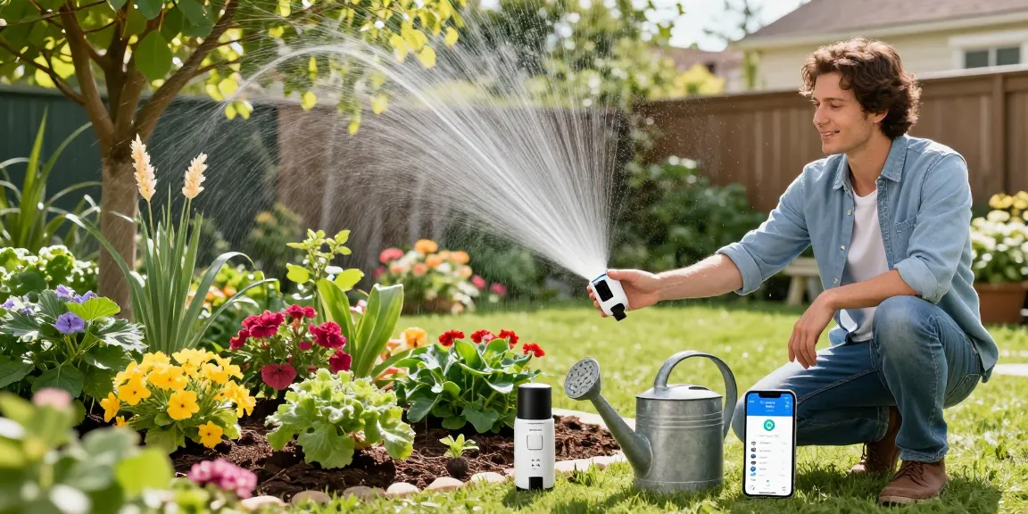 Homeowner using rainpoint smart sprinkler controller in lush garden, highlighting plant care.
