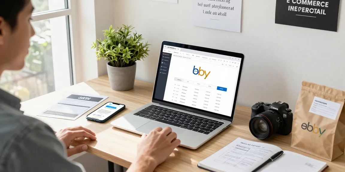 Creating a company ebay account for e-commerce success with an entrepreneur analyzing data.