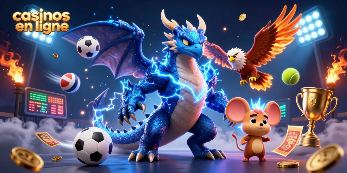 Plongez dans l'univers des casinos en ligne avec un dragon, un faucon et une souris tonnerre entourés d'éléments de jeu dynamiques.