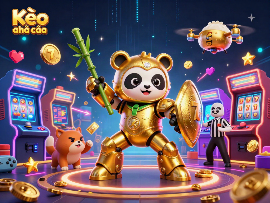 Kèo nhà cái showcases a vibrant gambling scene with a mech-suit panda and slot machines, emphasizing casino excitement.