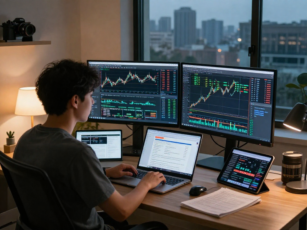 交易者在分析市场数据，展示MetaTrader 5平台与多图表的工作场景。