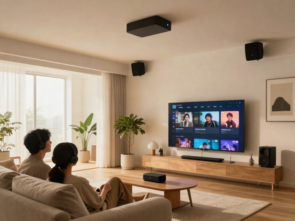 Couple enjoying music from ceiling speakers in a modern living room.