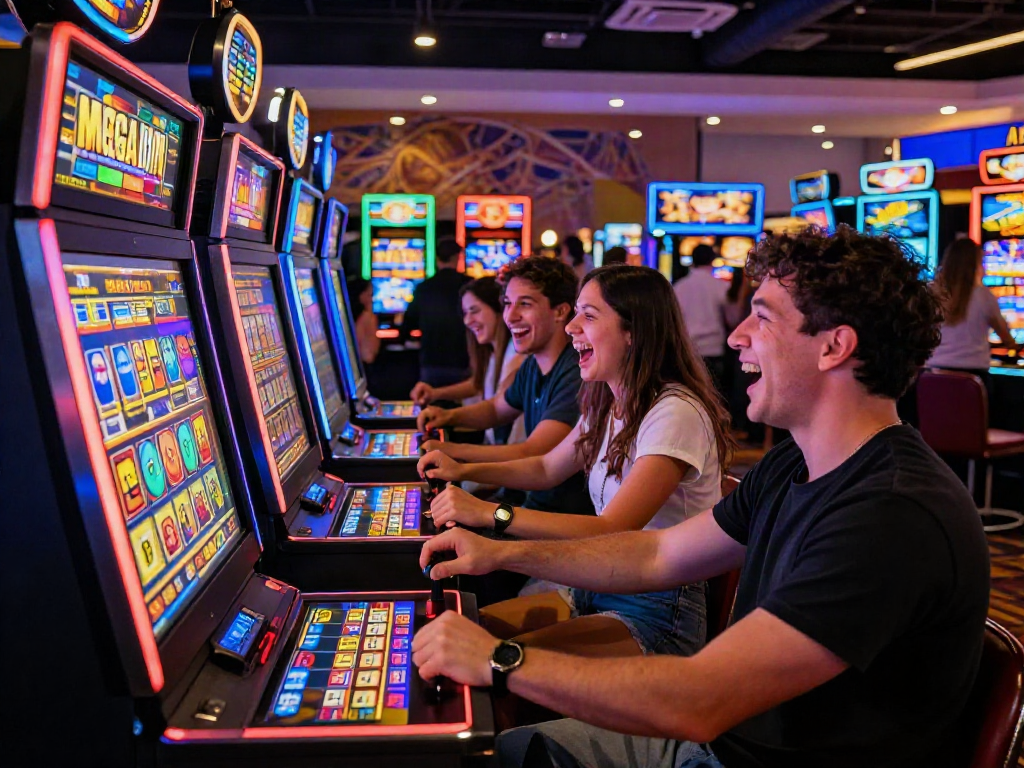 Friends enjoying a thrilling gaming experience at a MEGA SLOT machine in a modern casino.