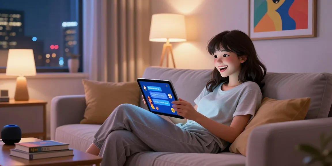 Engaging scene of a young woman enjoying an ai nsfw chat on a tablet in a cozy, vibrant living room.