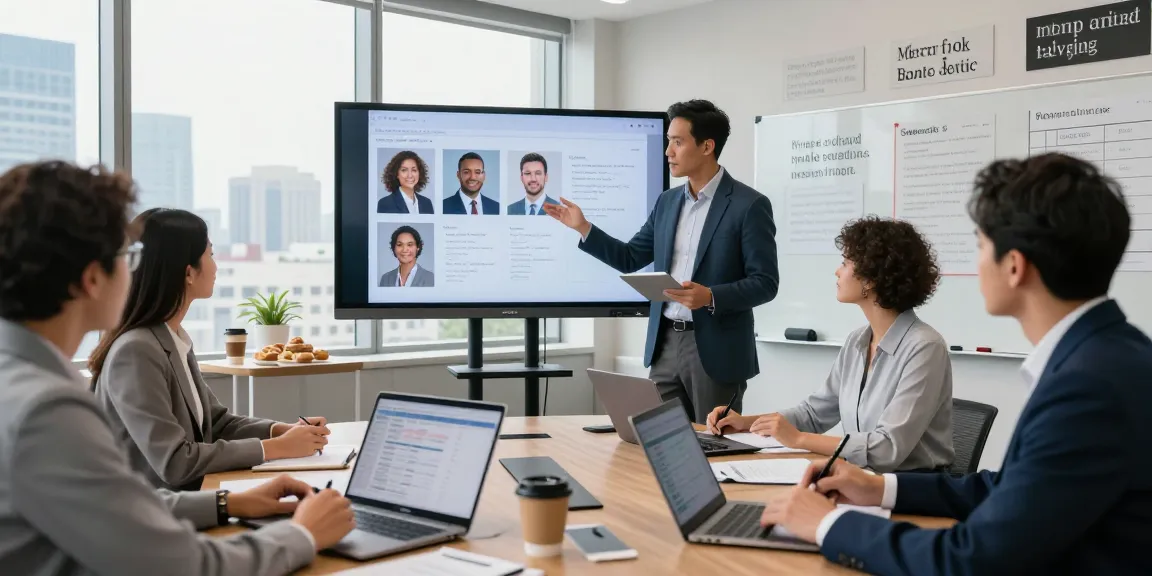 History of executive recruiting illustrated through a diverse team discussing strategies in a modern office meeting.