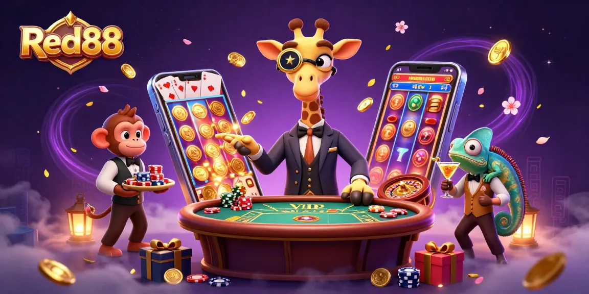 Engage with Red88's thrilling casino experience featuring a high-roller giraffe at VIP tables.