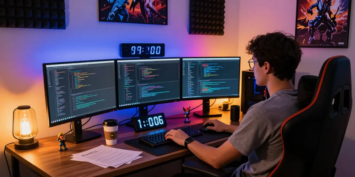 Developer coding FiveM assets in an innovative game development workspace with multiple monitors and gaming decor.