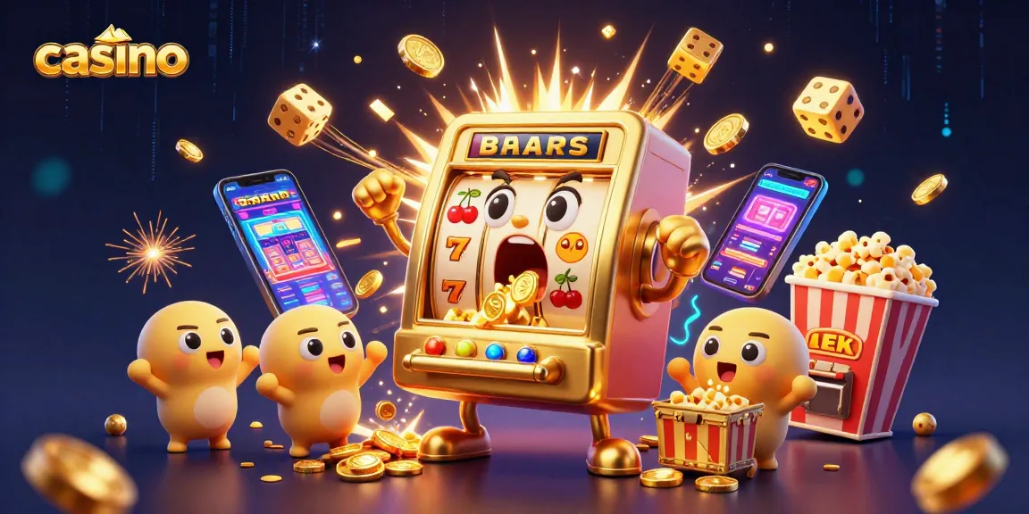 Casino scene featuring a joyful golden slot machine hitting a jackpot as coins pour out, surrounded by cheering baby slots.