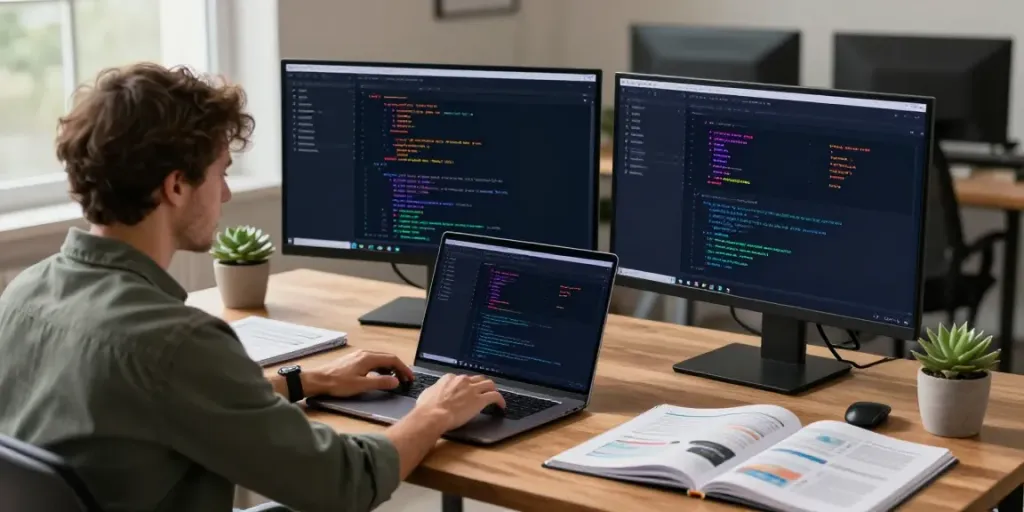 Developer coding at h5.2113.net workspace with monitors and documentation.