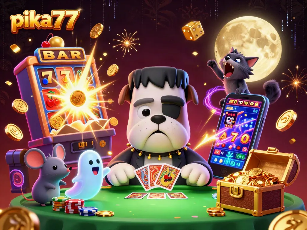 Experience thrilling gameplay at pika77 with a 3D cartoon illustration featuring vibrant casino elements.