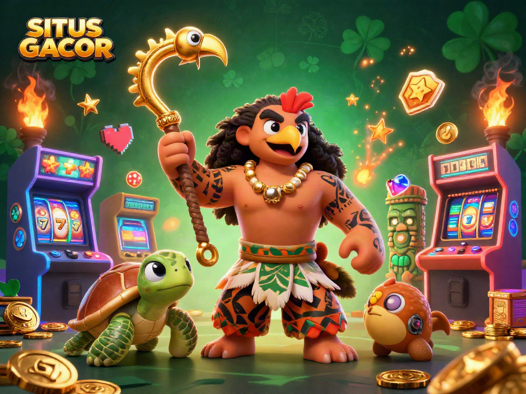 SITUS GACOR showcases a thrilling gaming adventure with a demigod and vibrant casino elements.