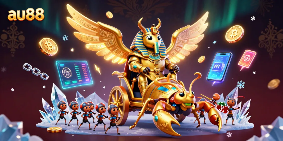 Join au88 for thrilling casino adventures with a colossal scarab and sparkling crypto treasures!