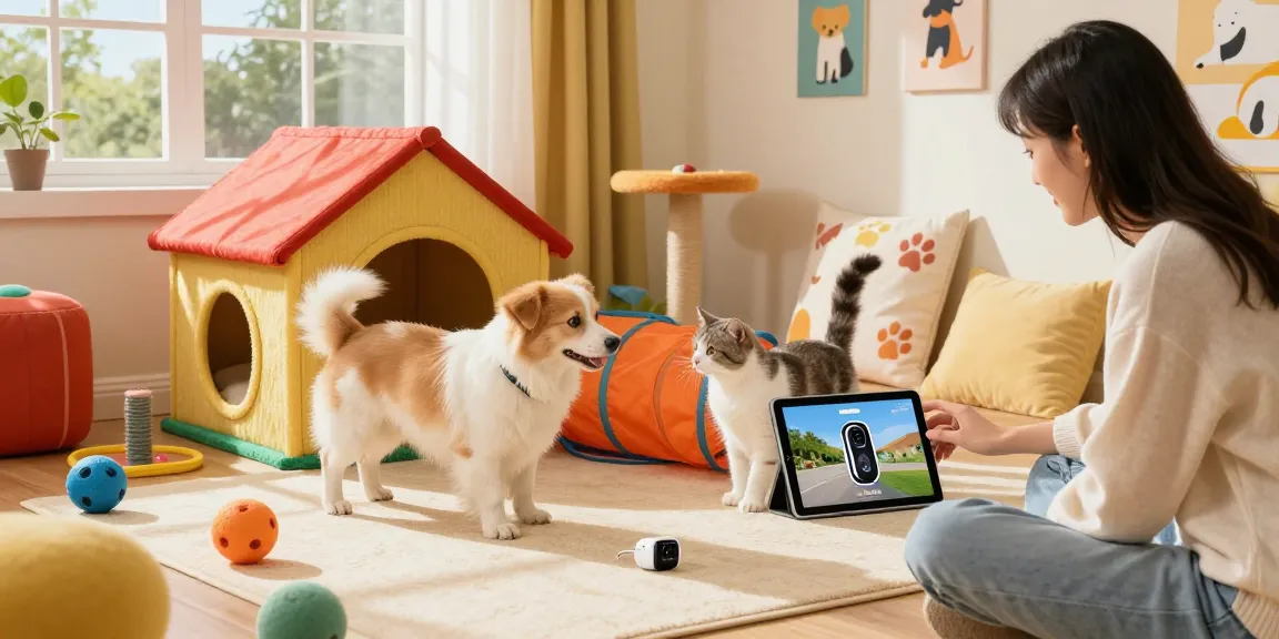 Dog and cat playing in a vibrant pet playhouse using NAGA2000 tracker.