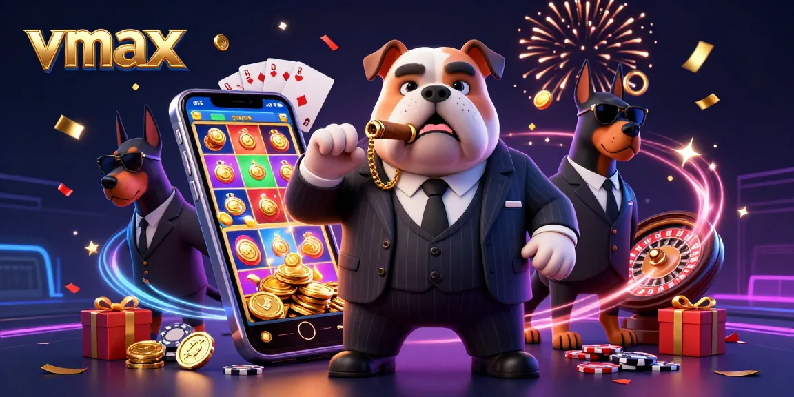 Experience vmax with a vivid 3D cartoon illustration showcasing a boss bulldog and security in a dynamic casino scene.