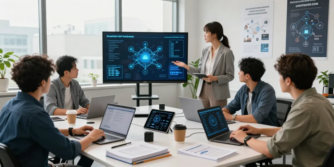 What is IoT network technology illustrated by a diverse team collaborating on smart devices and data analysis in a modern office.