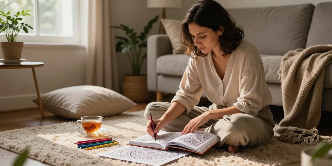 Engaging in coloring for stress relief, a woman finds calm in a cozy living room with vibrant pencils and a mandala.