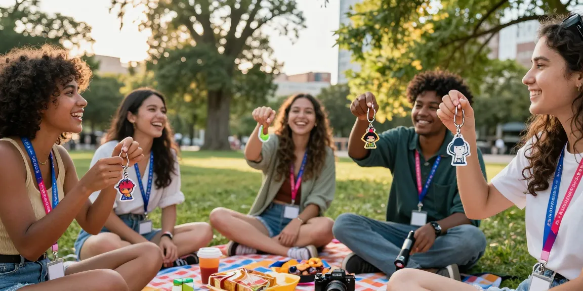 Friends joyfully showcasing their personalized keychains in an urban park setting.