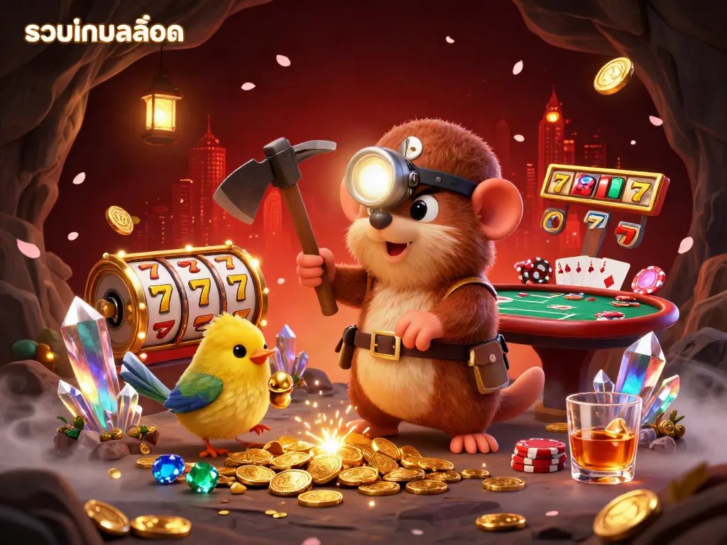 Engage with the exciting รวมเกมสล็อต adventures featuring a treasure hunter mole and glowing gems.
