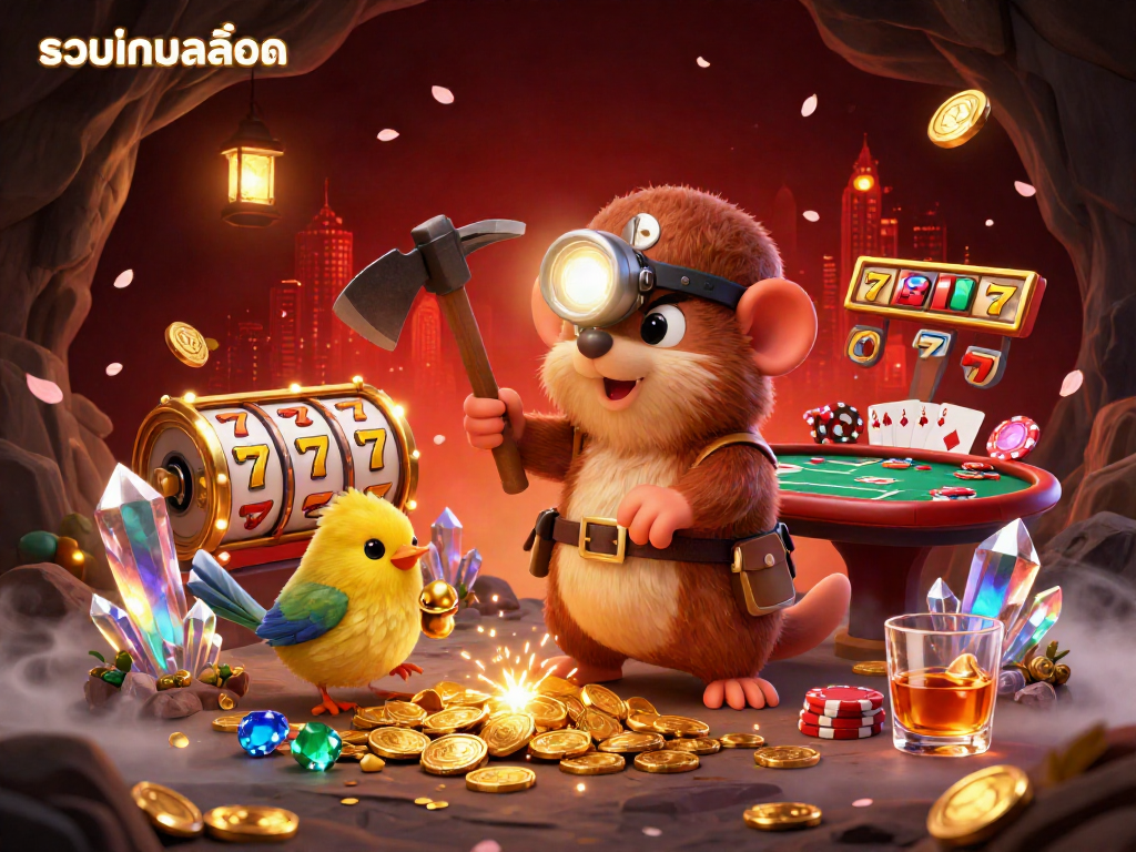 Engage with the exciting รวมเกมสล็อต adventures featuring a treasure hunter mole and glowing gems.