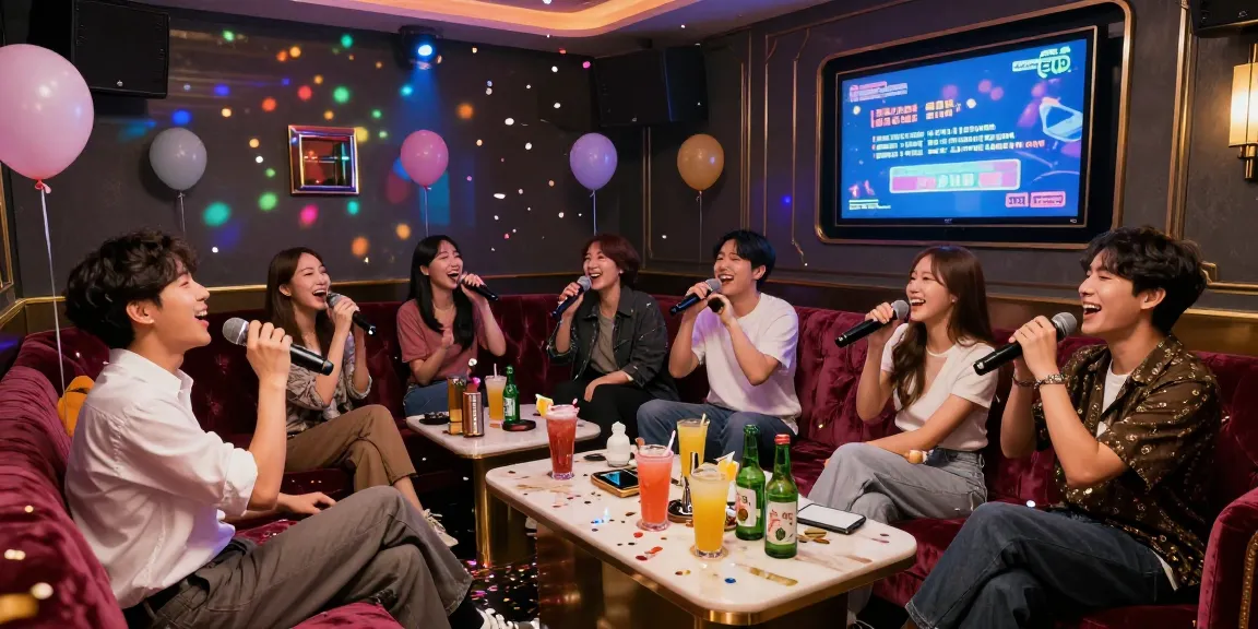 Exciting 강남가라오케 scene with friends singing, vibrant lighting, and modern karaoke setup