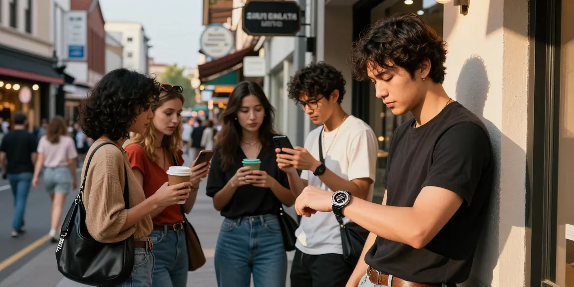 Person wearing clone watches while enjoying urban café atmosphere and socializing.