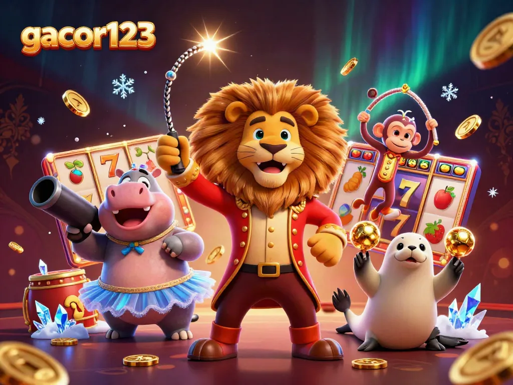 Experience the thrill of gacor123 with a vibrant 3D circus scene featuring iconic casino elements.