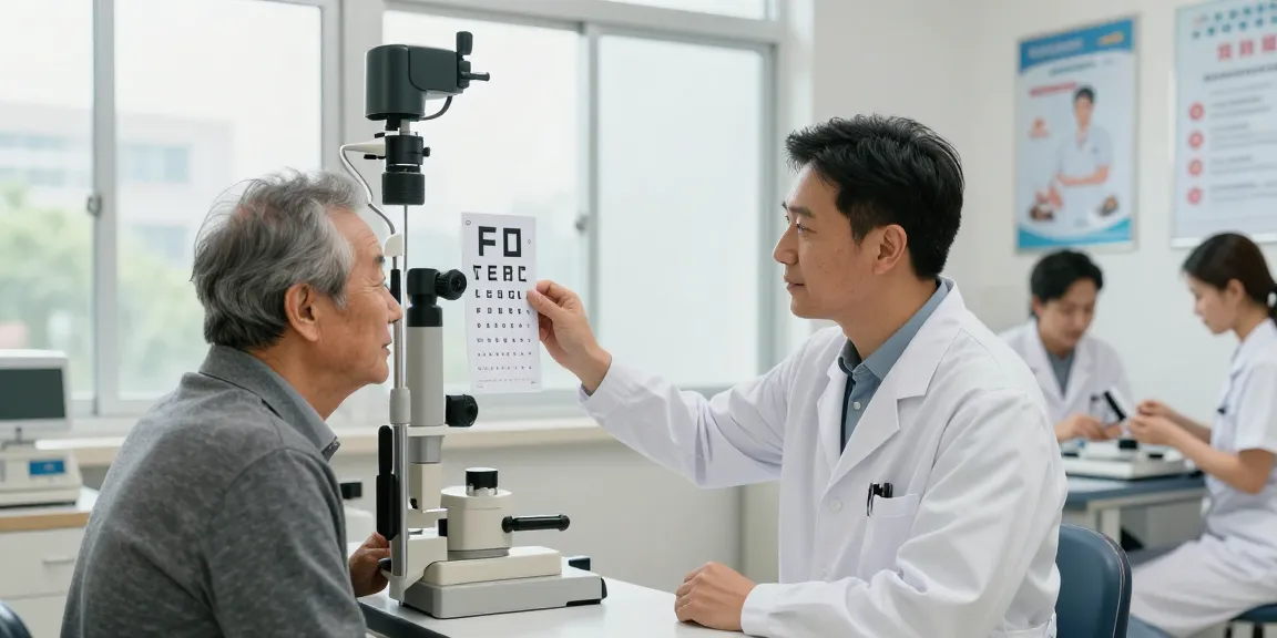 Elderly patient engaging in 黃斑病變檢查 with an ophthalmologist using Amsler grid test in a professional clinic.