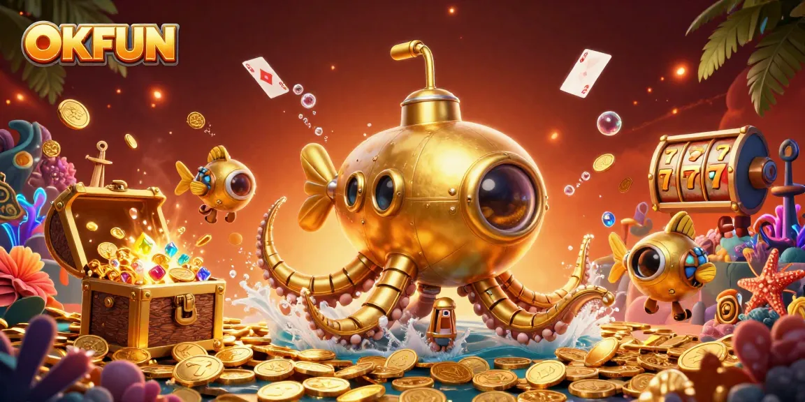 Engage with OKFUN's thrilling slot games surrounded by golden treasures and vibrant underwater scenery.