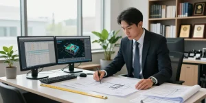 Engineer reviewing permit engineering Missouri blueprints in a modern office.