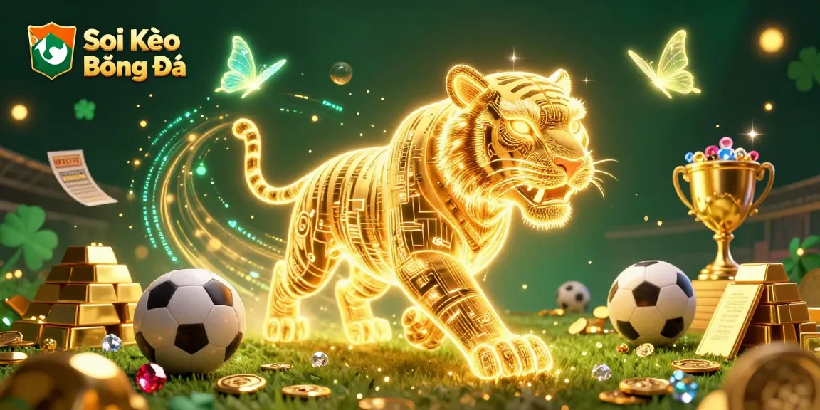 Soi Kèo Bóng Đá engaging scene with a neon golden tiger and sports betting elements amidst sparkling treasures.