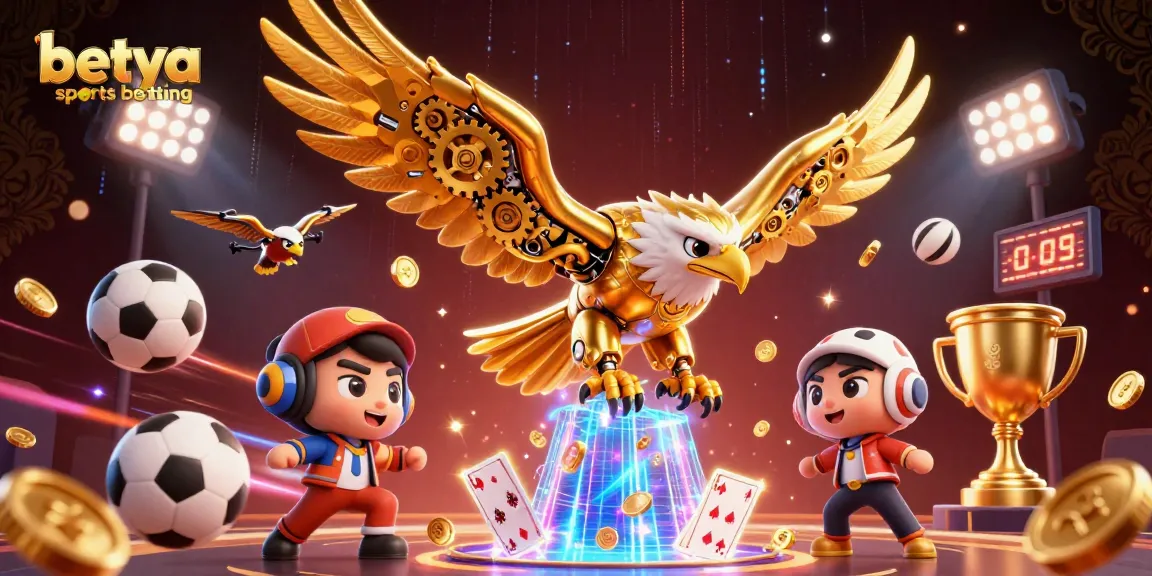 Engage in betya sports betting with a dynamic scene featuring a cybernetic eagle amidst sports elements.