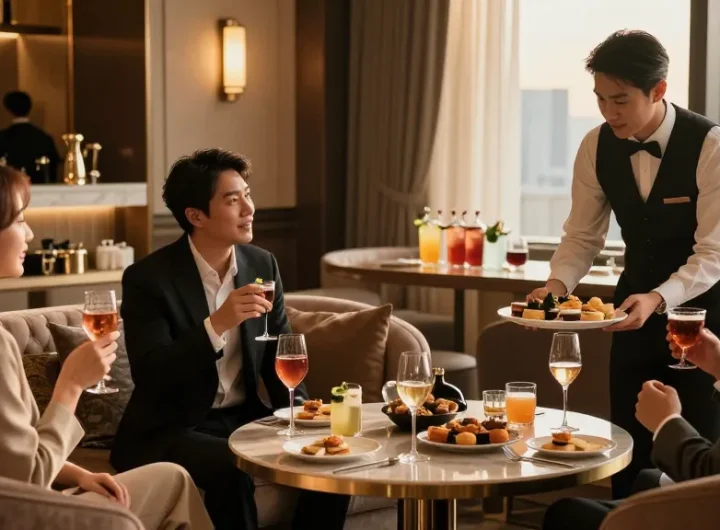강남블랜딩의 고급스러운 라운지 내부, 세련된 인테리어와 아늑한 분위기