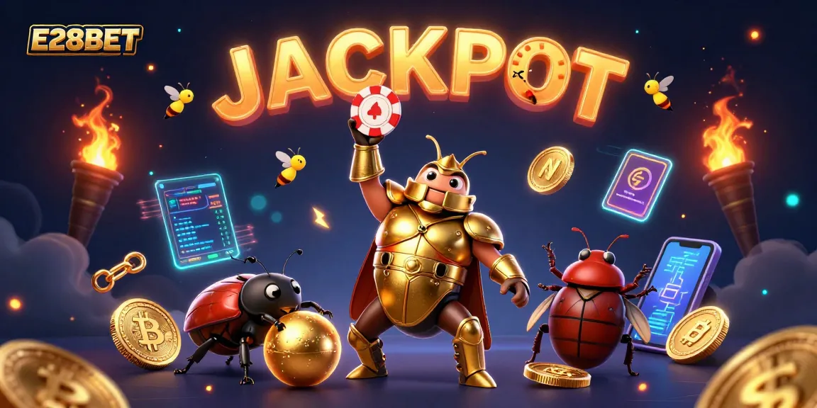 E28BET elevates your game with a thrilling jackpot scene featuring a hercules beetle and vibrant casino elements.