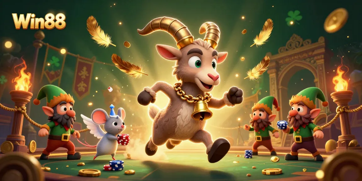 Win88 casino scene featuring Krampus, mouse, and gremlins in a colorful dynamic environment.