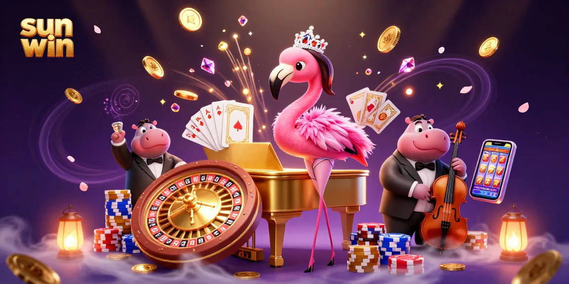 Win big with sun win as luck draws vibrant casino elements in a dynamic 3D illustration.