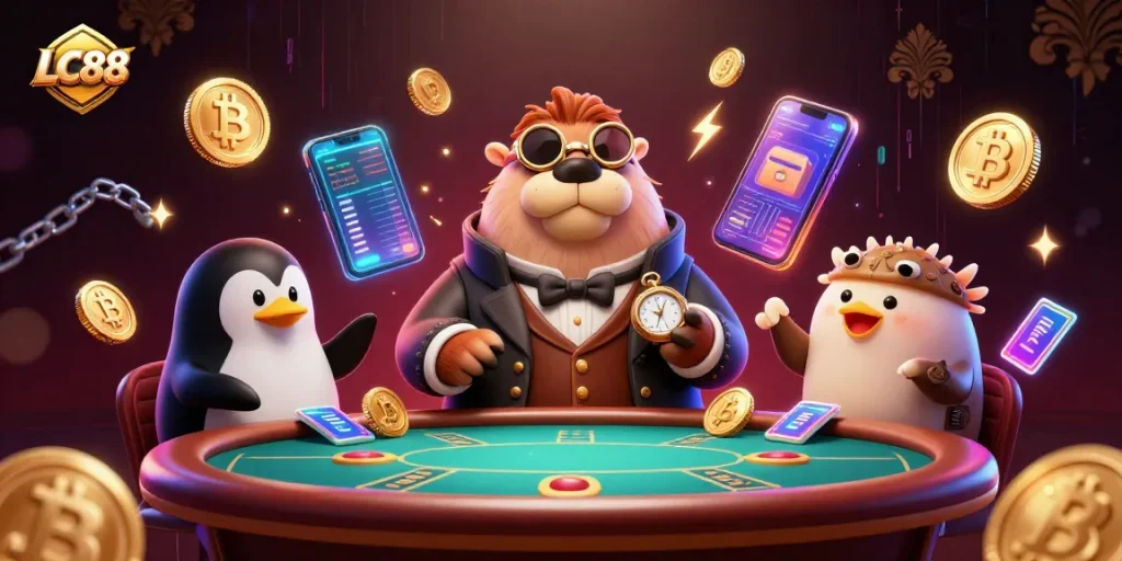 Engage with LC88's vibrant casino experience featuring unique characters at a poker table.