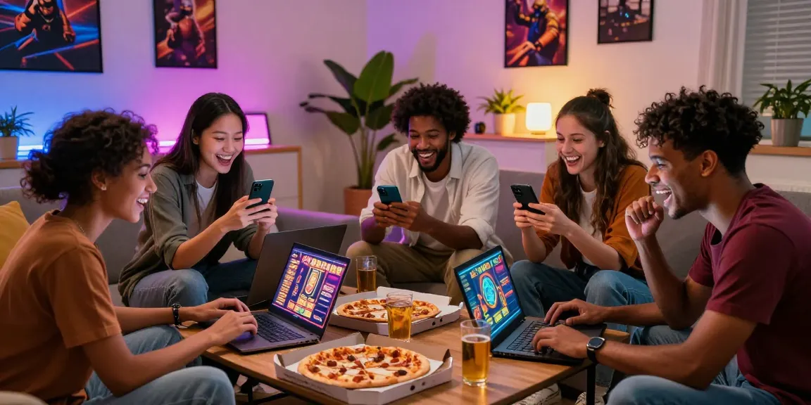 Friends engaged in an exciting gameplay session on situs haha178, celebrating wins with lively expressions and snacks.