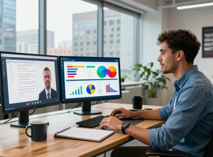 Bradley Robinson Alabama in a modern office during a video conference, showcasing innovative business strategies.