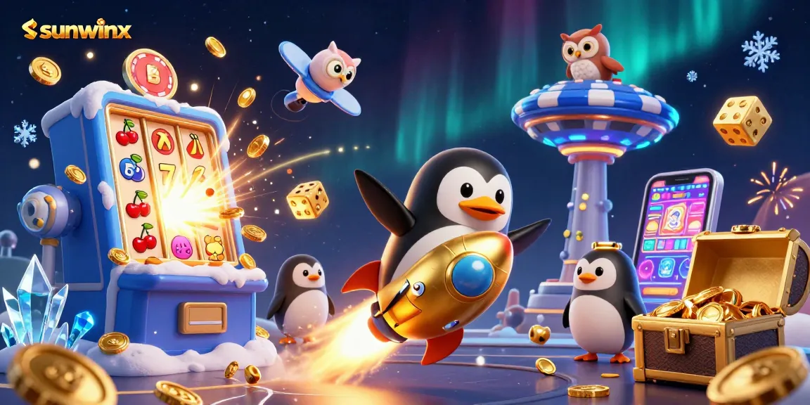 Experience excitement with sunwinx as the golden penguin blasts towards a casino, bursting with jackpots and colorful action.