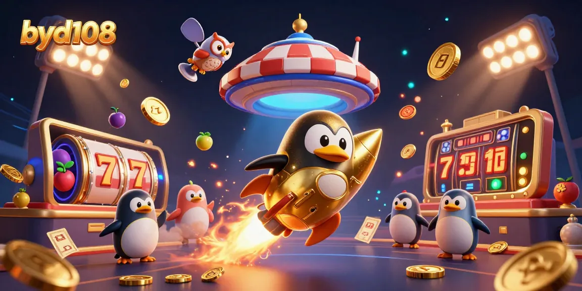 byd108 menyediakan gambar yang menggambarkan kasino online dengan penguin emas dan simbol permainan yang menarik.