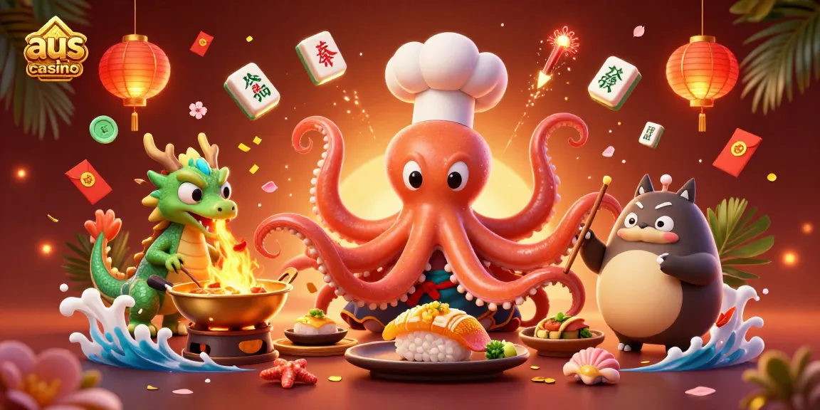 Engage in the vibrant world of aus casino gaming with a lively 3D illustration of an octopus chef and friends.