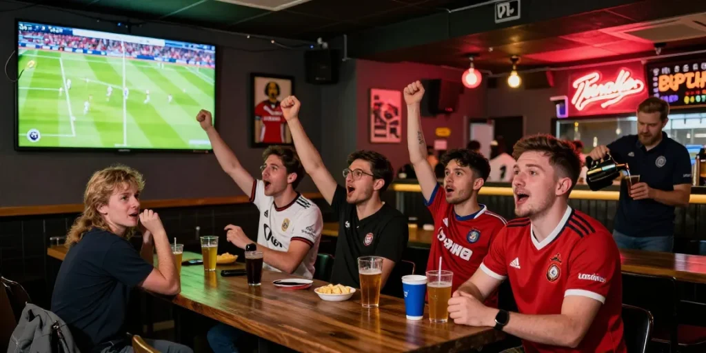 Excited fans at BK8 sports bar watching Premier League matches.
